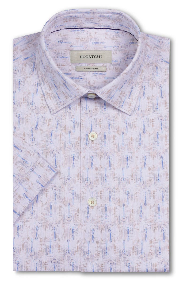 Bugatchi Miles OoohCotton<sup>®</sup> Sketched Guitar Print Short Sleeve Button-Up Shirt, Alternate, color, Sand