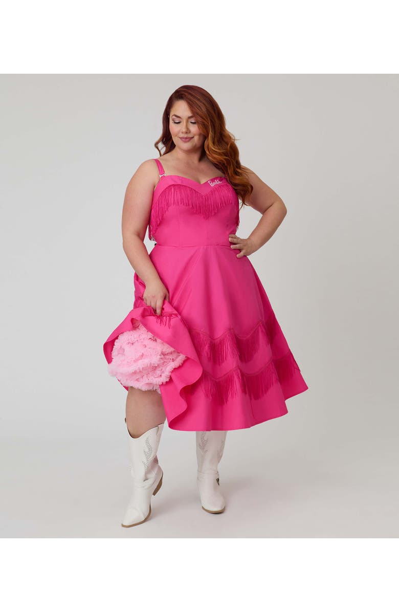 Unique Vintage Plus Size Fringe Swing Dress, Main, color, Pink & Black W/ Barbie Logo