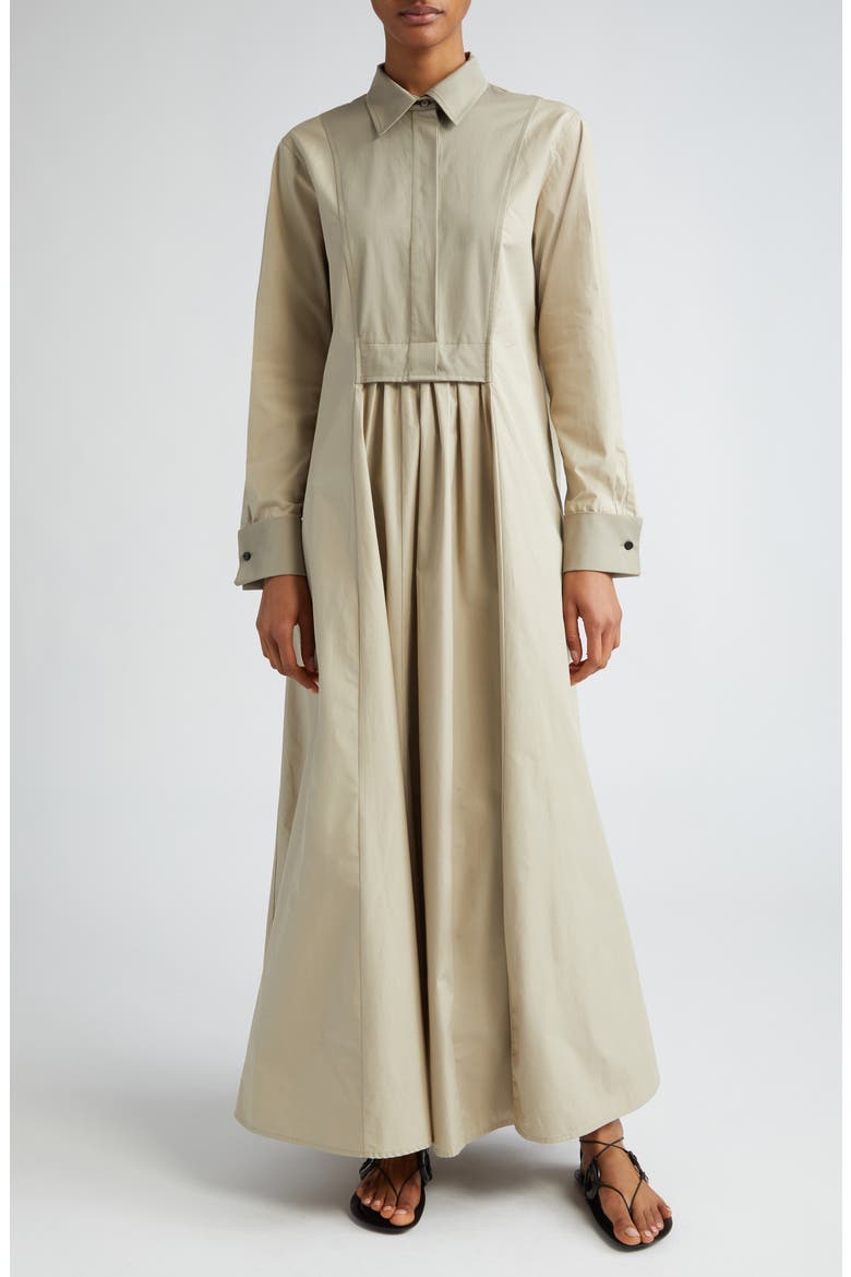 Uganda Pleated Long Sleeve Cotton Shirtdress, Main, color, KAKI