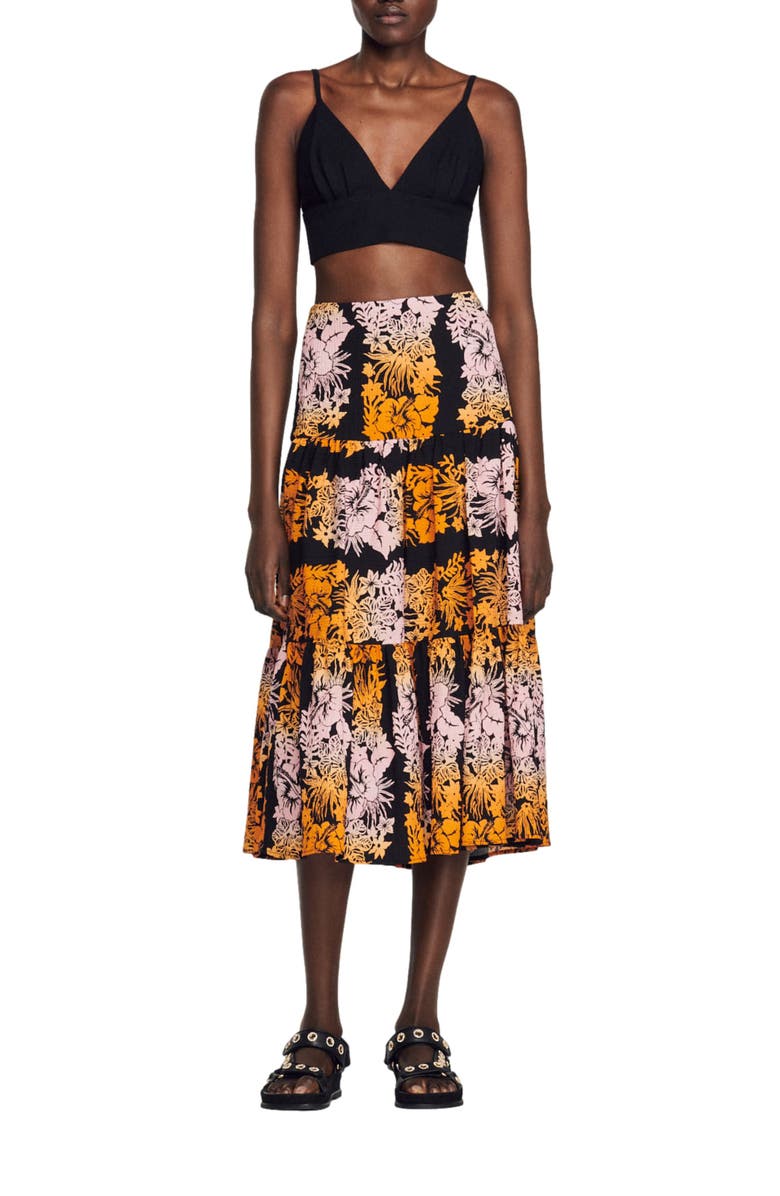 SANDRO Maddie Floral A-Line Skirt, Alternate, color, Noir