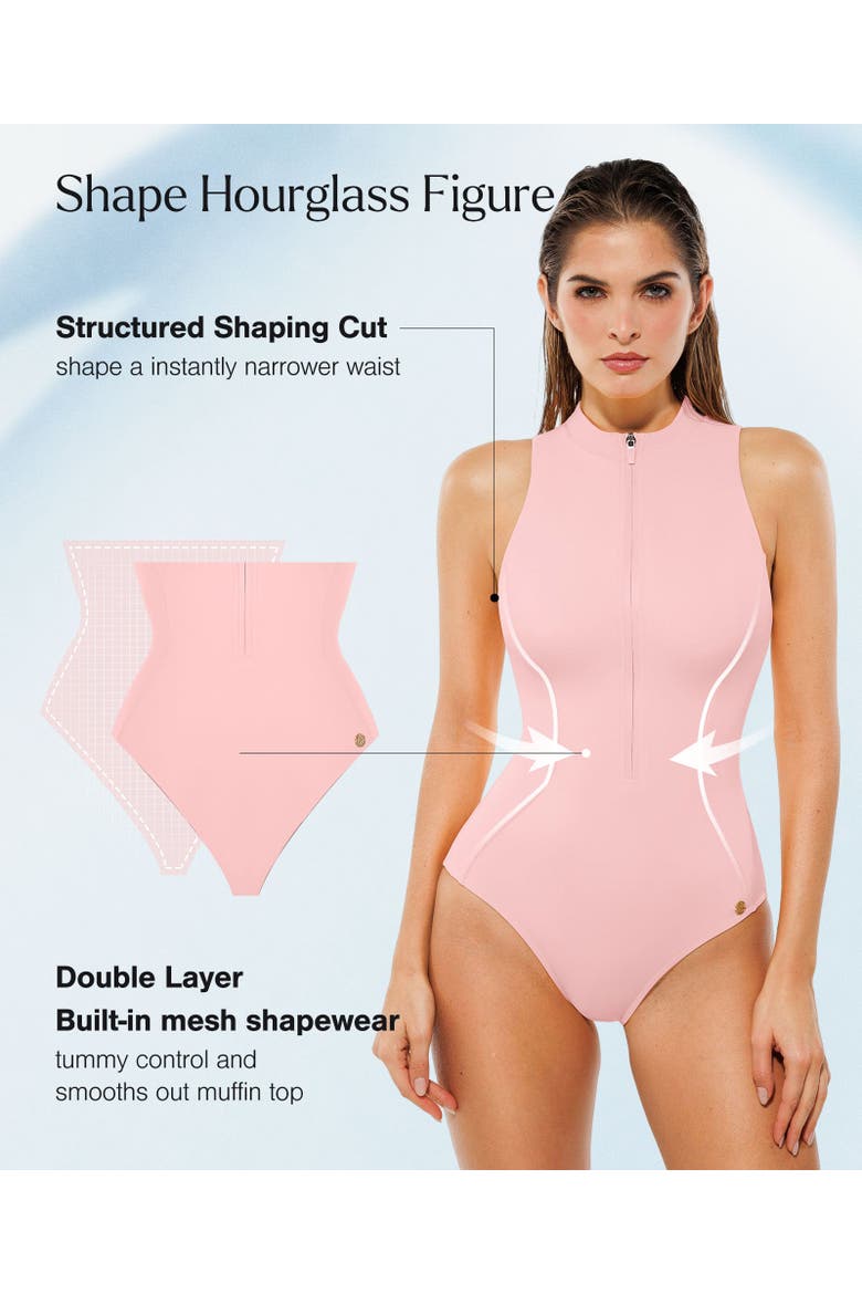 Shaping Zipper Front One-Piece Swimsuit with High Leg Cut, Alternate, color, Pink