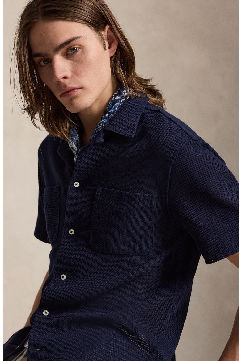 Textured Pointelle Linen Camp Shirt, Alternate, color, CRUISE NAVY