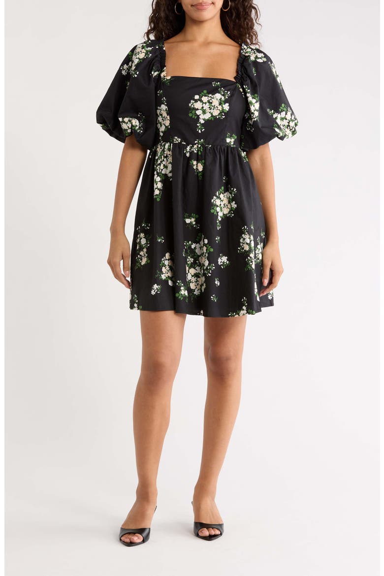 Emery Floral Puff Sleeve Cotton Dress, Main, color, BLACK-TAUPE-MULTI