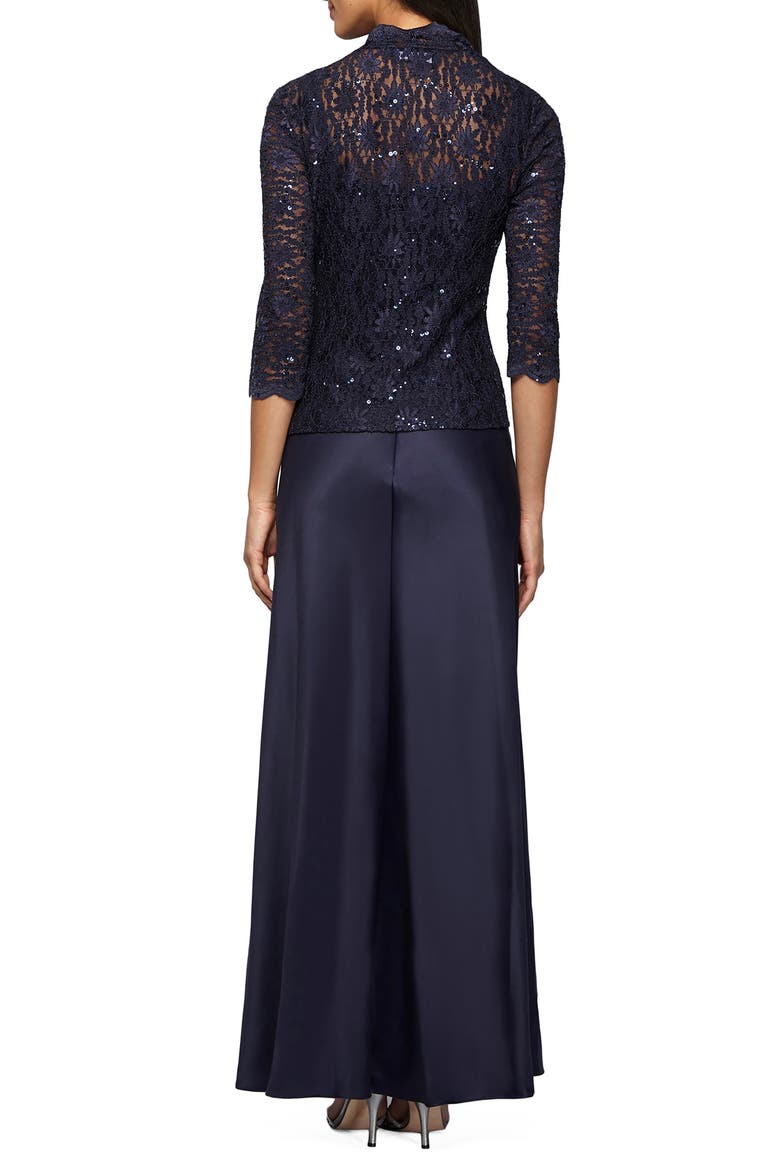 Sequin Lace & Satin Gown with Jacket, Alternate, color, MIDNIGHT