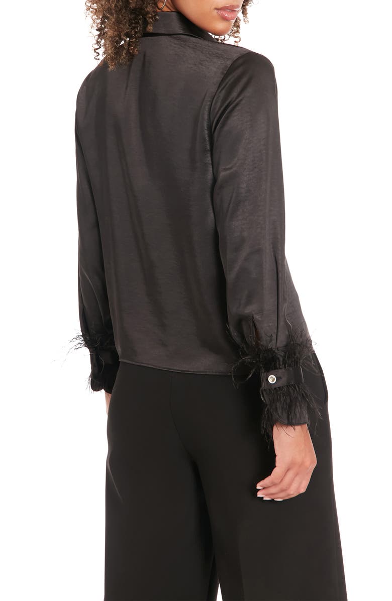 Muse Feather Trim Satin Button-Up Shirt, Alternate, color, Black