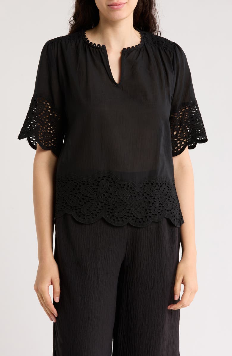 T Tahari Embroidered Cotton Top, Main, color,