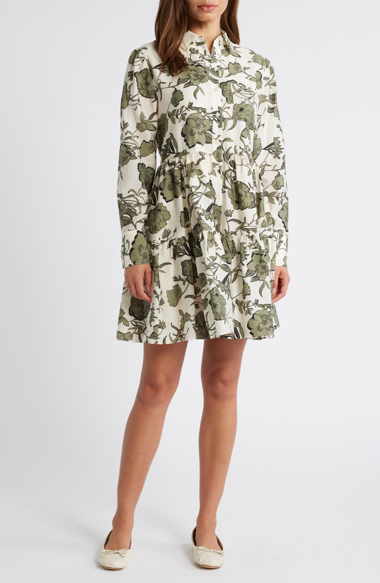Caslon<sup>®</sup> Floral Print Long Sleeve Tiered Shirtdress, Main, color, Ivory- Green Sketched Floral