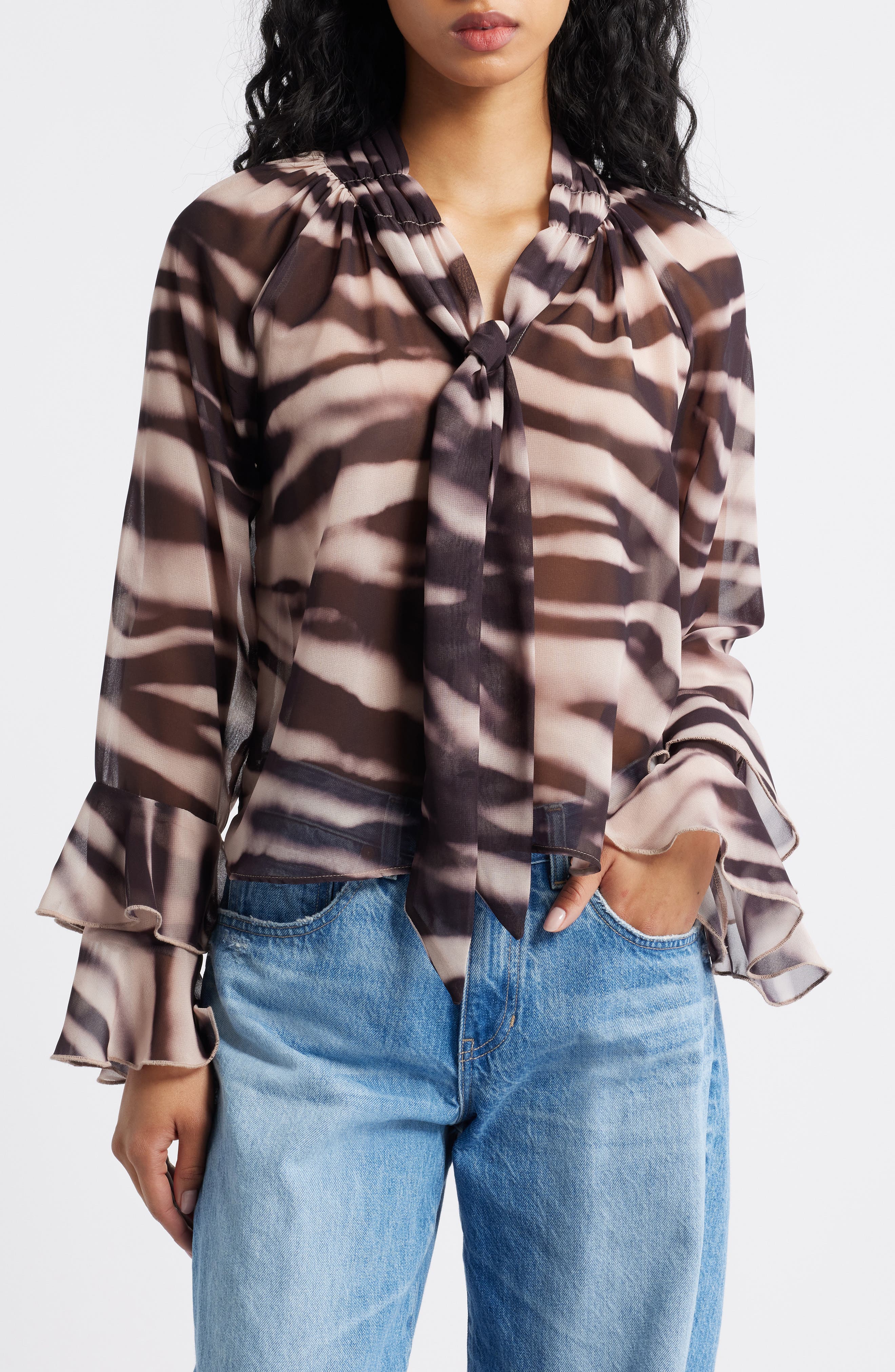 Zebra Print Tie Neck Chiffon Top