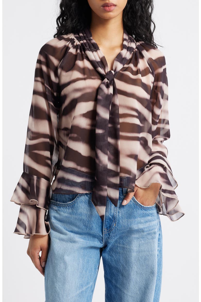 Zebra Print Tie Neck Chiffon Top, Main, color, BROWN MULTI