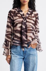 Lipsy Zebra Print Tie Neck Chiffon Top