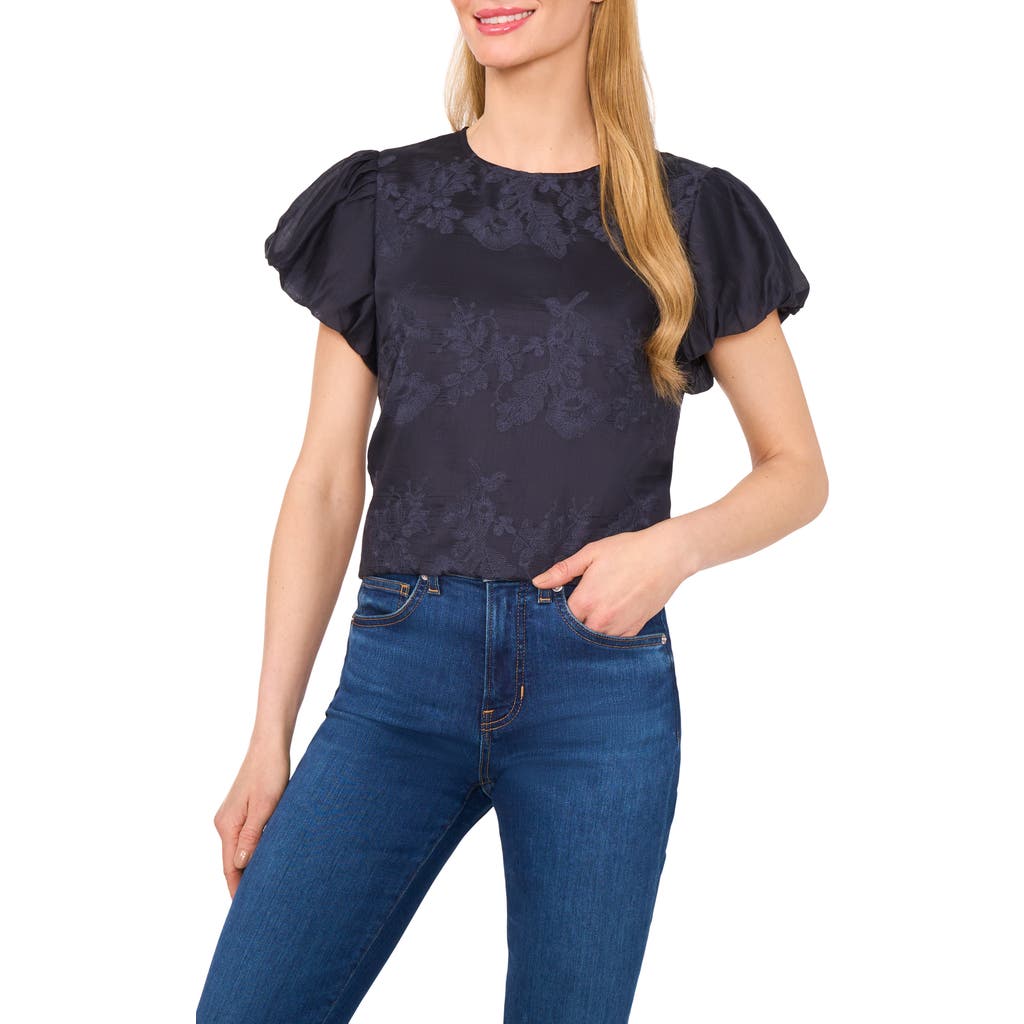 Cece Floral Jacquard Puff Sleeve Top In Black