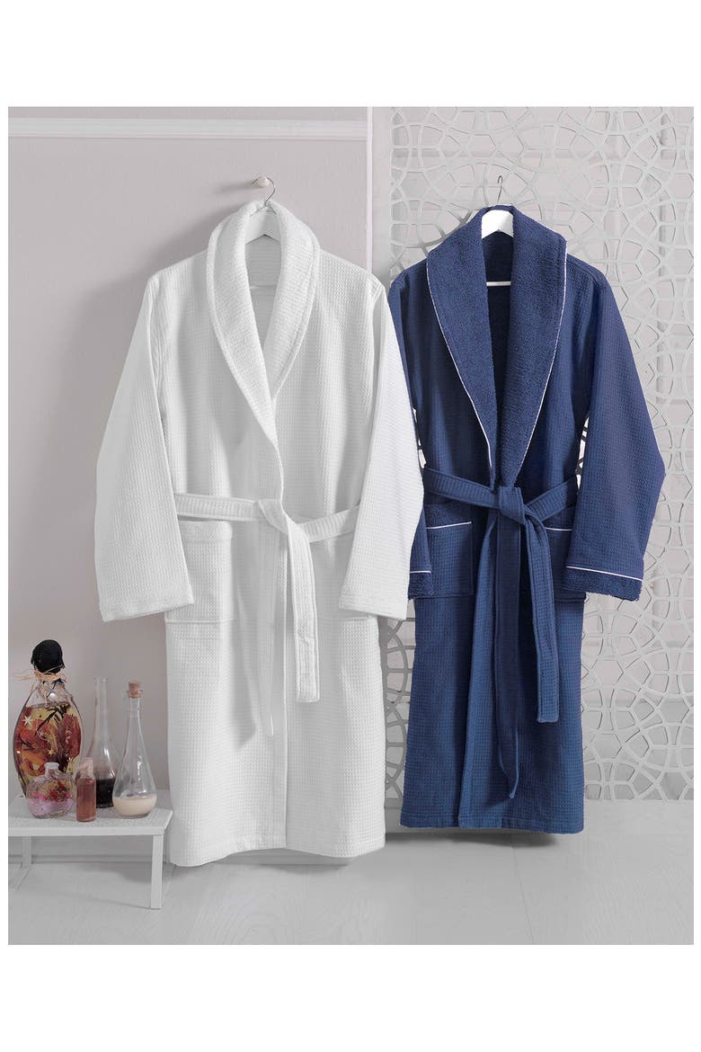 Shawl Waffle Turkish Cotton Bathrobe, Alternate, color, NAVY