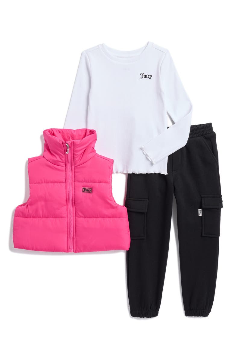 Kids' Puffer Vest, Long Sleeve Top & Joggers, Main, color, HOT PINK