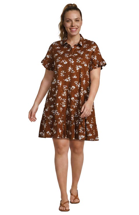 Plus Size Poplin Flutter Sleeve Knee Length Popover Dress