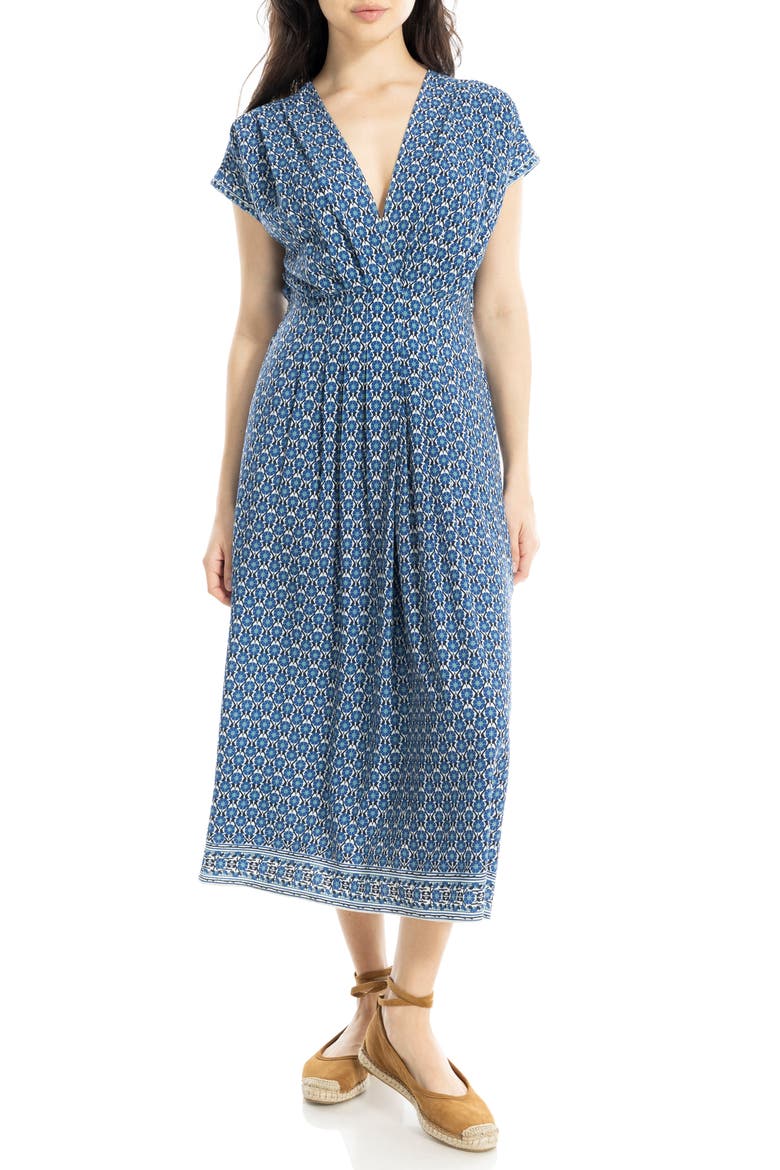 Surplice Neck Pleated Midi Dress, Main, color, CREAM/ BLUE DAISY BARS