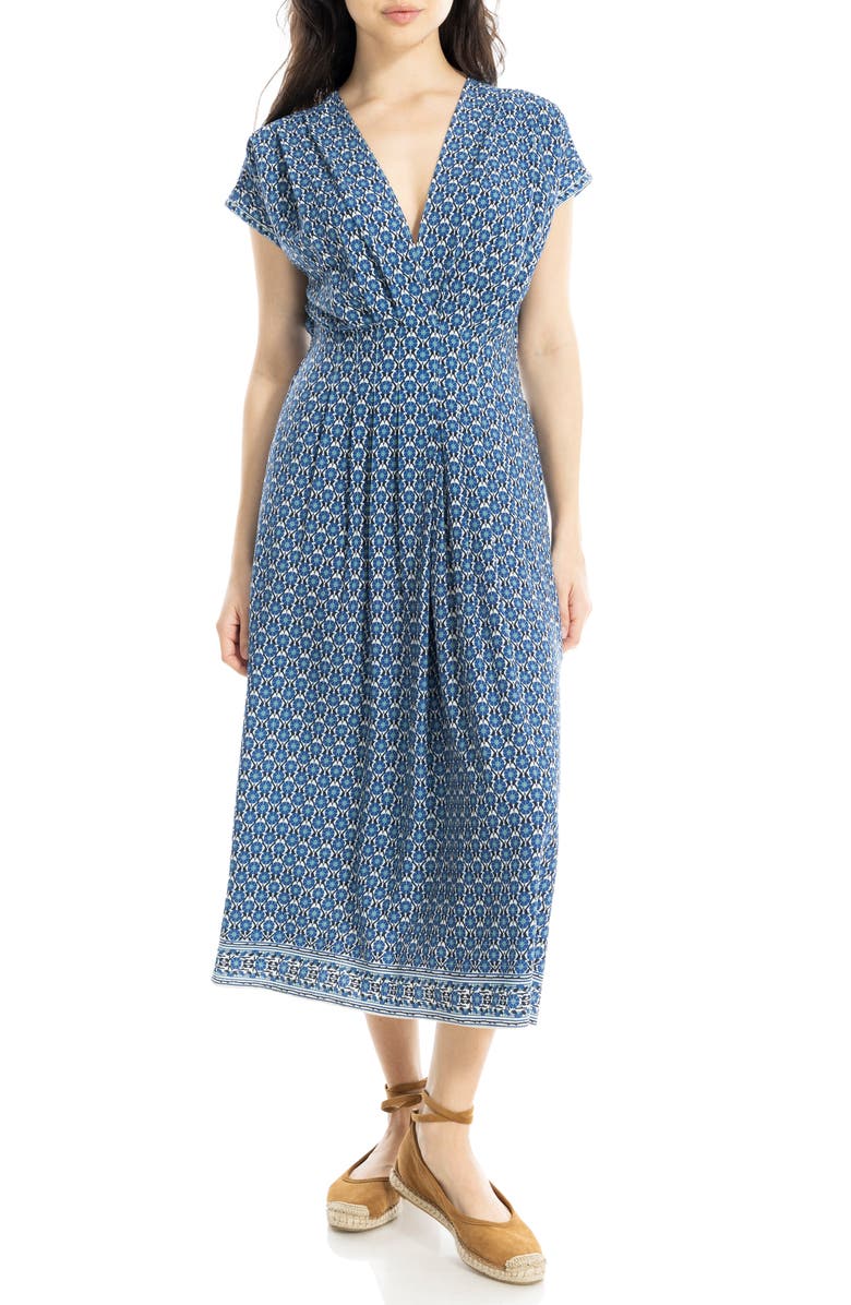 MAX STUDIO Surplice Neck Pleated Midi Dress, Main, color, Cream/ Blue Daisy Bars