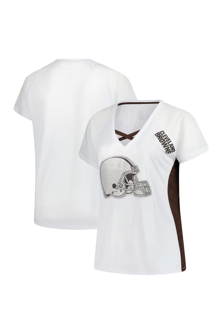 Women's Fanatics  White Cleveland Browns Plus Size Glitter Lace-Up V- Neck T-Shirt, Alternate, color, White