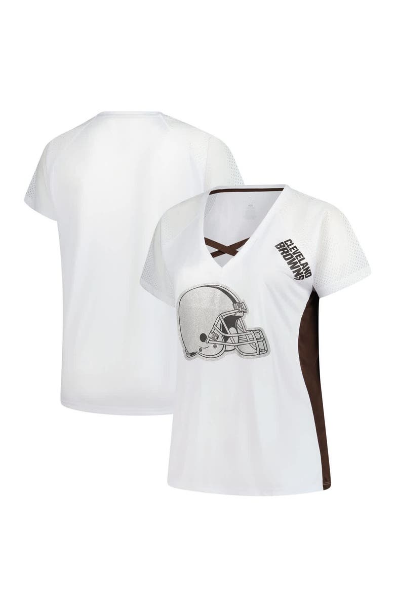 FANATICS Women's Fanatics  White Cleveland Browns Plus Size Glitter Lace-Up V- Neck T-Shirt, Alternate, color, White