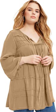 June + Vie Acid Wash Peasant Blouse