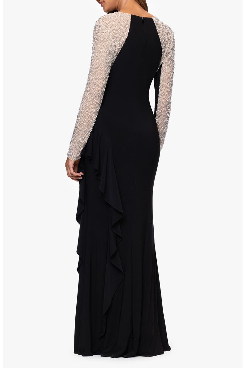 Beaded Long Sleeve Mermaid Gown, Alternate, color, BLACK/ BEIGE/ SILVER