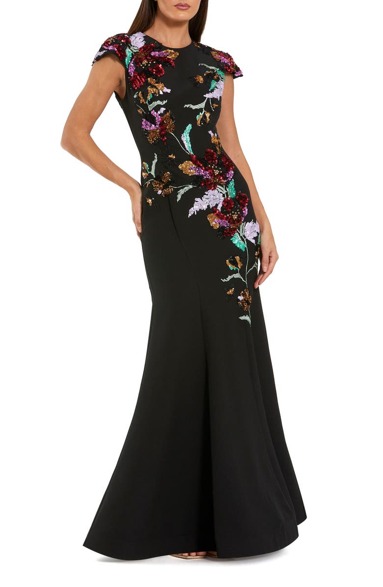 Mac Duggal Women's Crepe Mermaid Gown With Floral Embroidery, Main, color, Black Multi