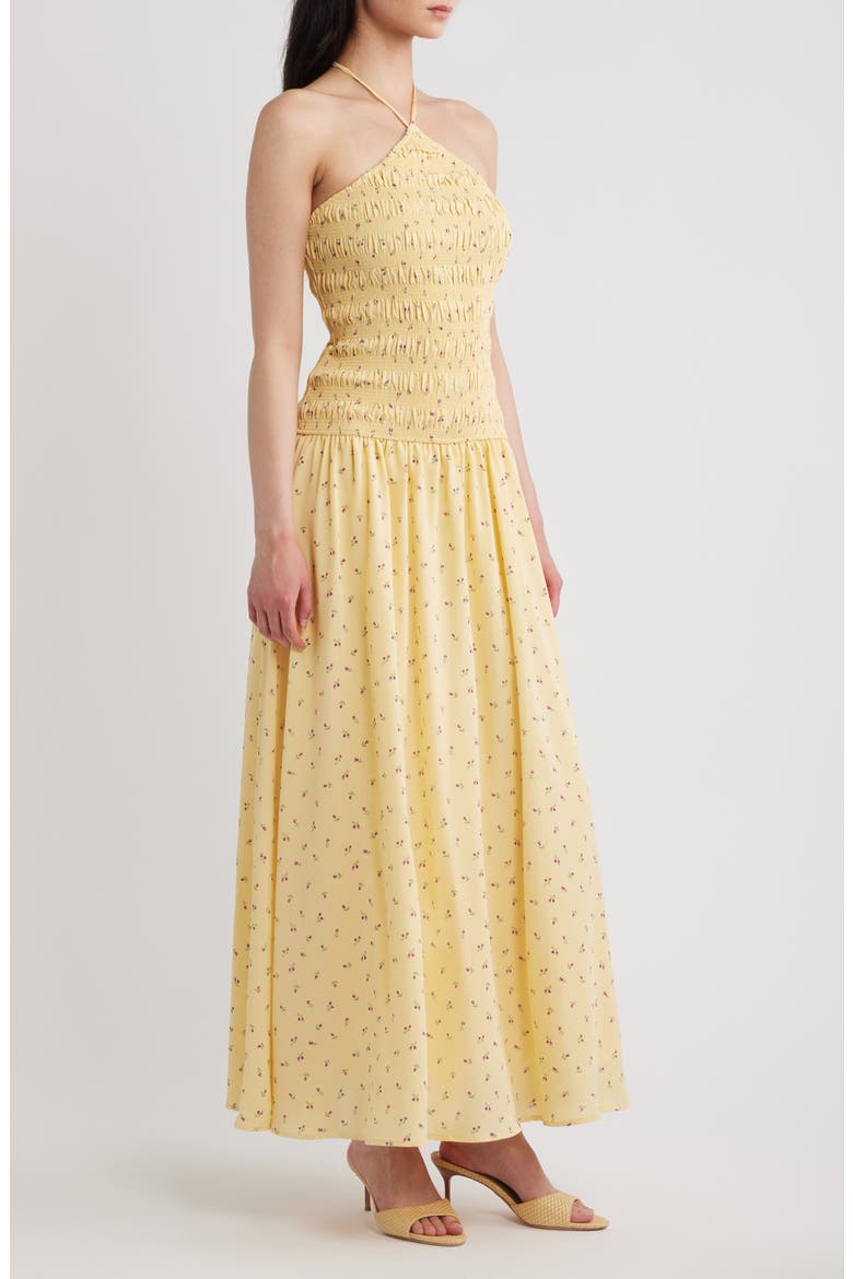 Aradia Ditsy Floral Shirred Halter Midi Dress, Alternate, color, YELLOW FLORAL