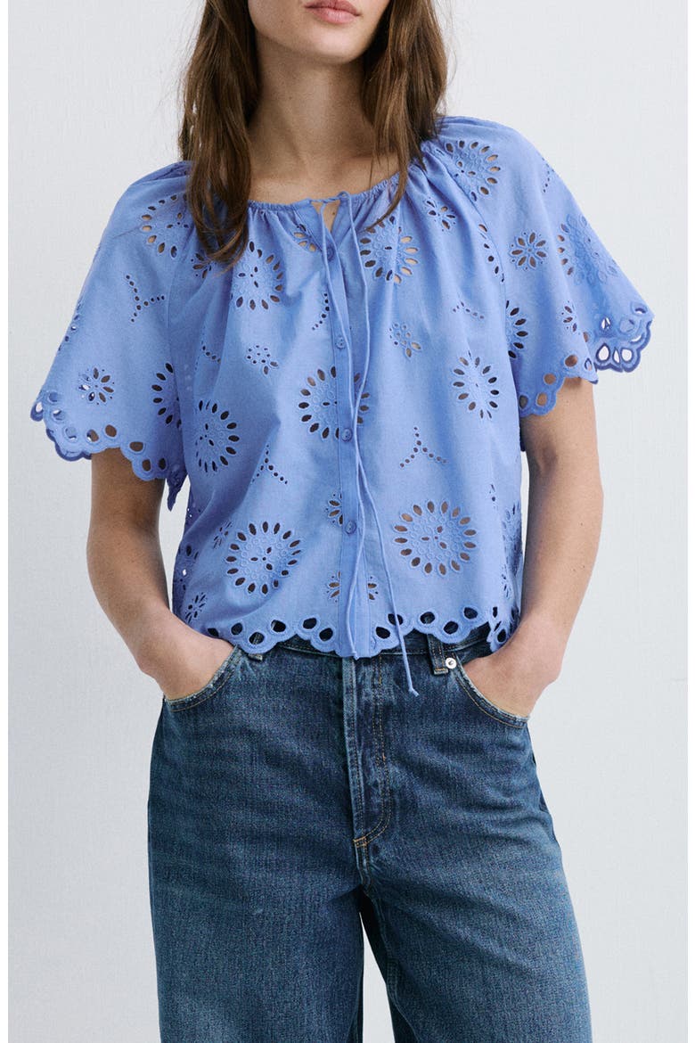 Openwork Embroidered Cotton Button-Up Top, Main, color, BLUE