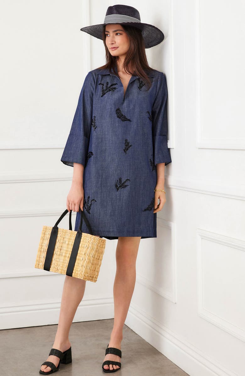 Karen Kane Cuffed Sleeve Embellished Shirtdress, Alternate, color, Indigo