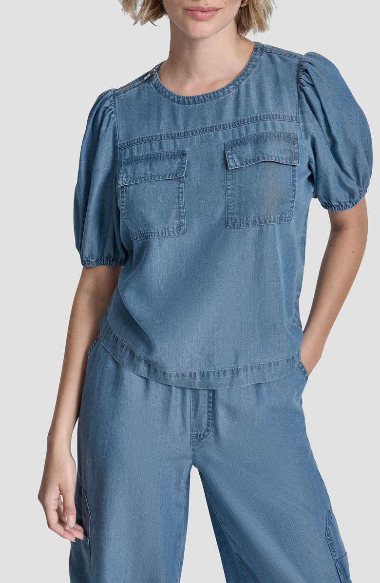 DKNY Zip Shoulder Denim Puff Sleeve Blouse, Main, color, Stream Wash
