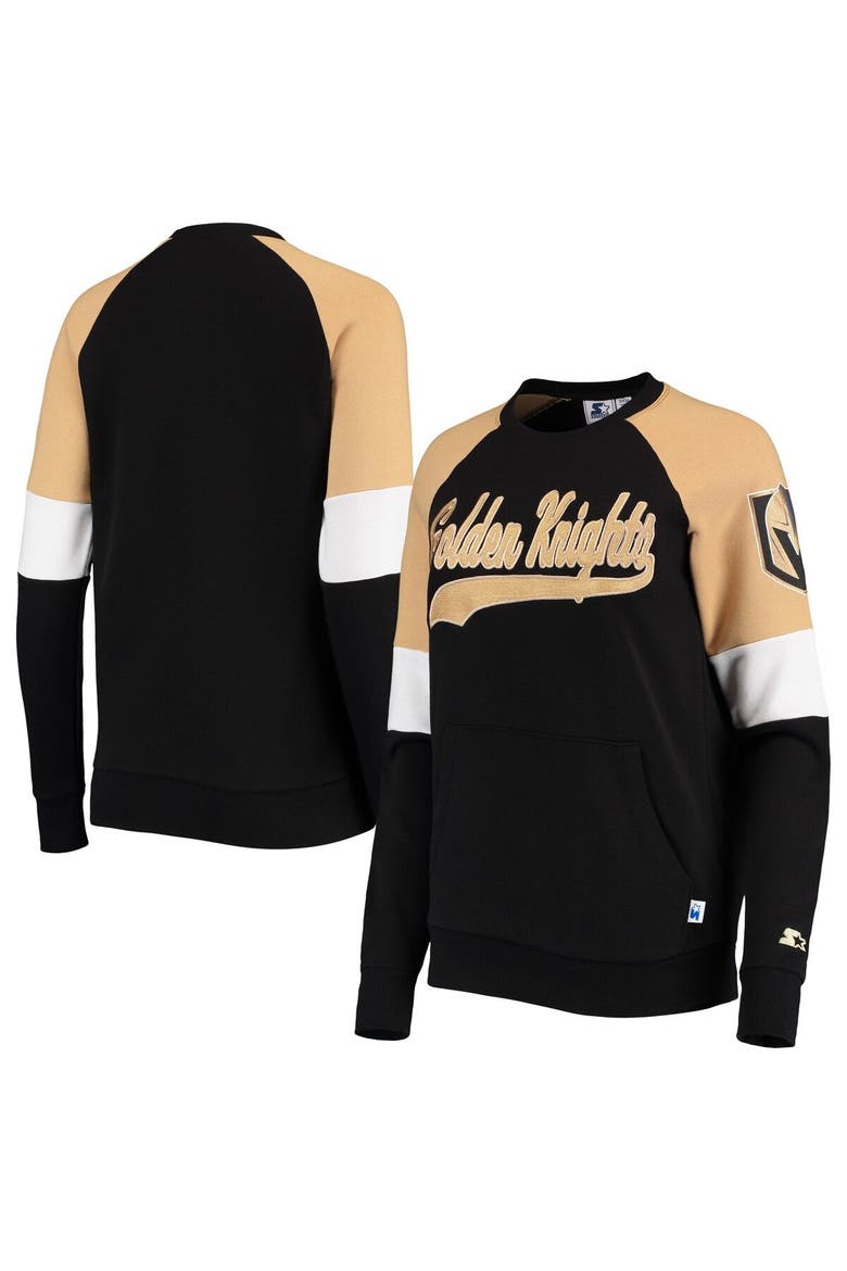 Women's Starter Black/Gold Vegas Golden Knights Playmaker Raglan Pullover Sweatshirt, Alternate, color, Black