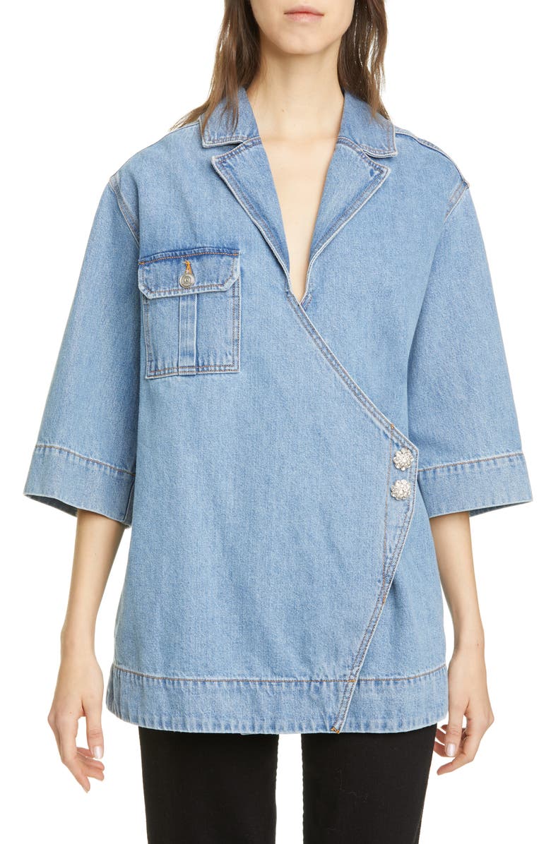 Ganni Wrap Front Oversized Organic Cotton Denim Shirt, Main, color,