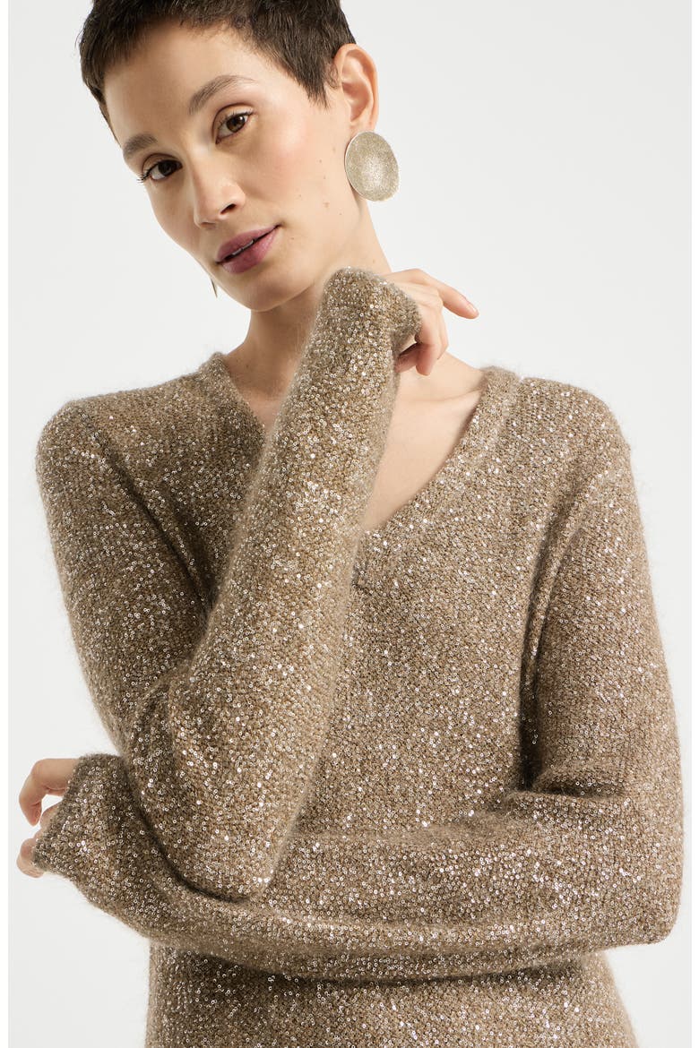 Mohair and wool dazzling texture knit dress with monili, Alternate, color, Light Brown