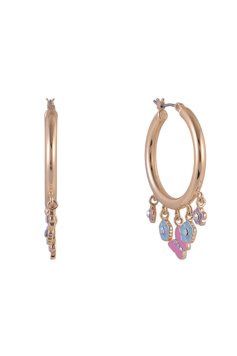 Gold Tone Hoop Earrings with Enamel Flower Drops, Main, color, Pink