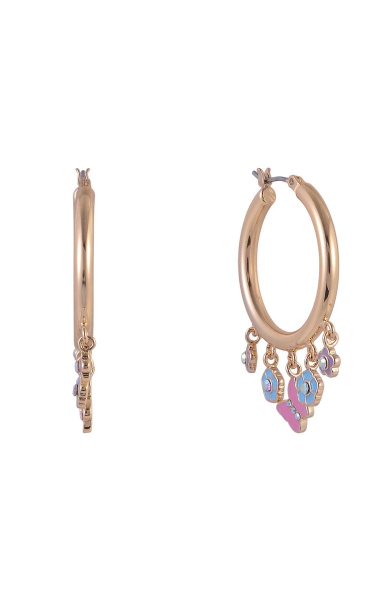 Hallmark Gold Tone Hoop Earrings with Enamel Flower Drops, Main, color, Pink