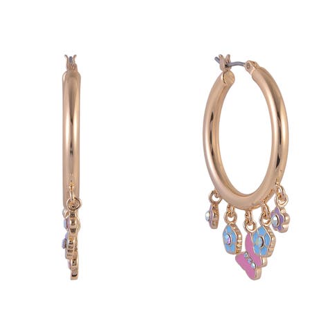 Gold Tone Hoop Earrings with Enamel Flower Drops