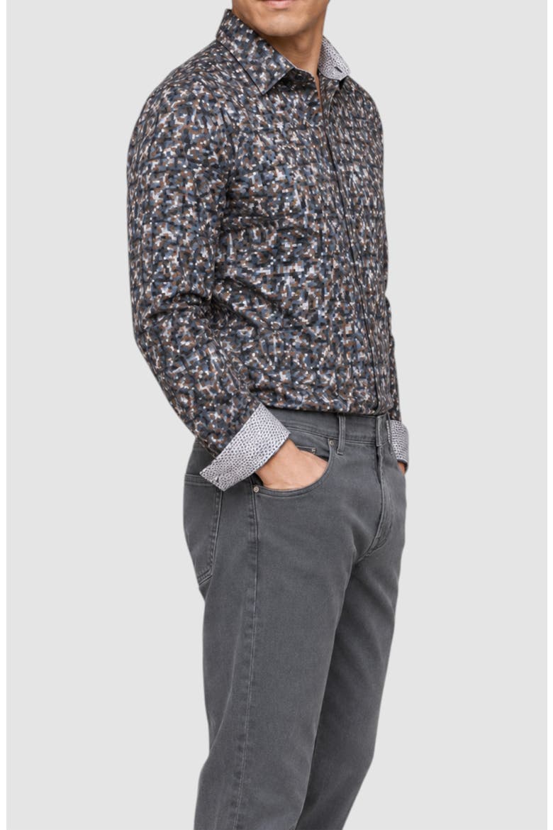 Pixel Fade Print Button Up Shirt, Alternate, color, BROWN