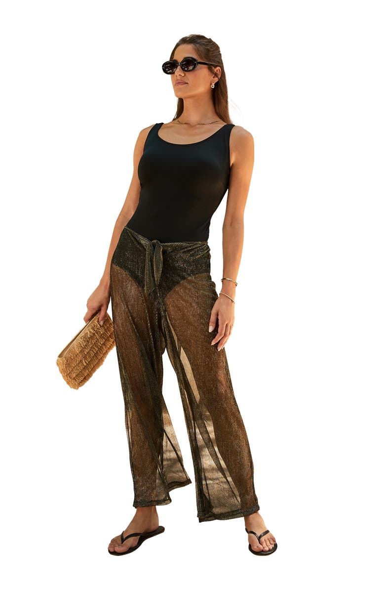 Swim 365 Metallic Crinkle Cover-Up Pants, Main, color, Black Gold Metallic