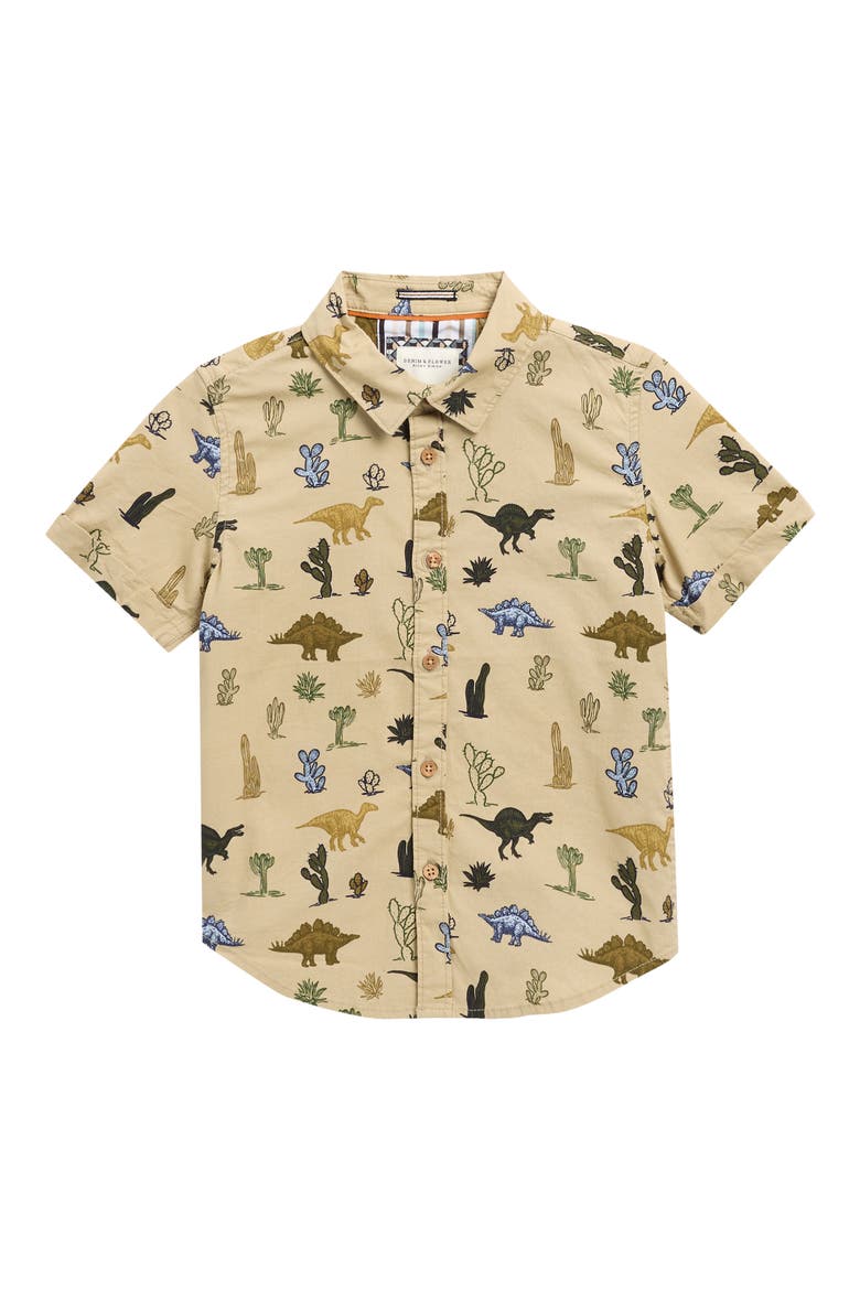 Kids' Print Button-Up Shirt, Main, color, KHAKI MULTI DINO