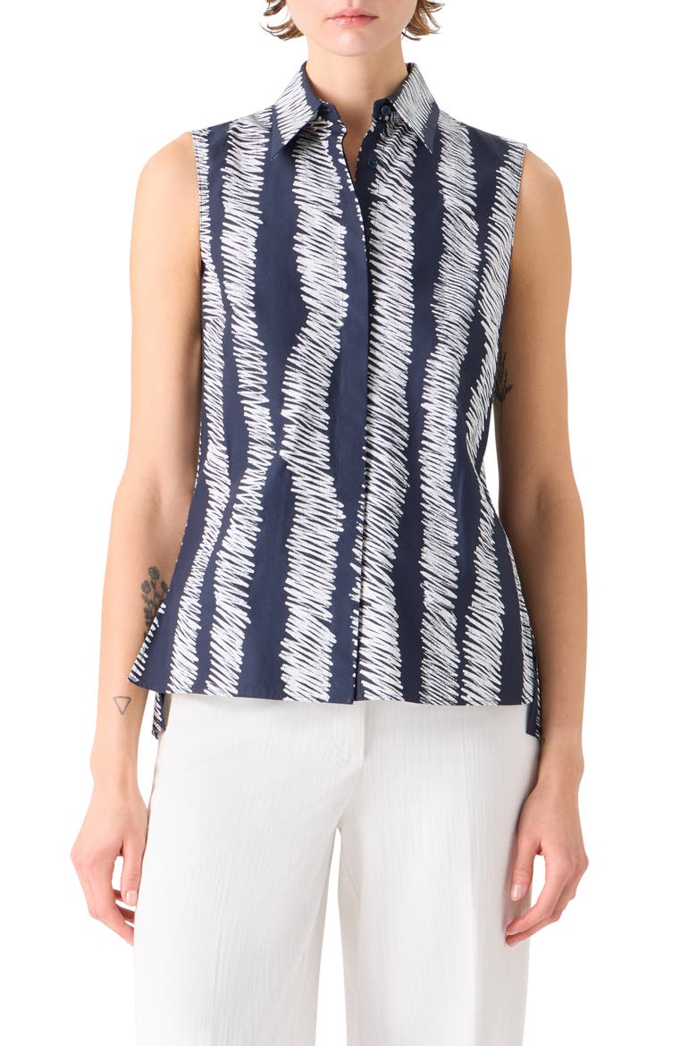 Scribble Wave Print Sleeveless Cotton Poplin Button-Up Shirt, Main, color, BLACK-CREAM