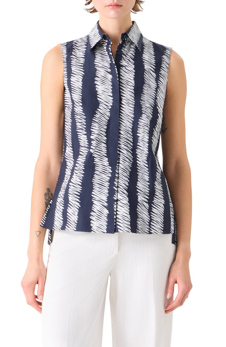 Akris punto Scribble Wave Print Sleeveless Cotton Poplin Button-Up Shirt, Main, color, Black-Cream
