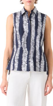 Akris punto Scribble Wave Print Sleeveless Cotton Poplin Button-Up Shirt