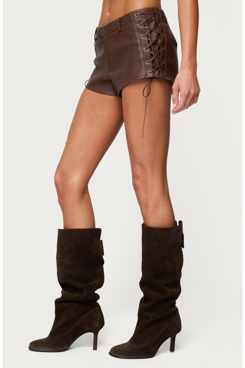 Kariss Lace Up Faux Leather Mini Shorts, Alternate, color, BROWN