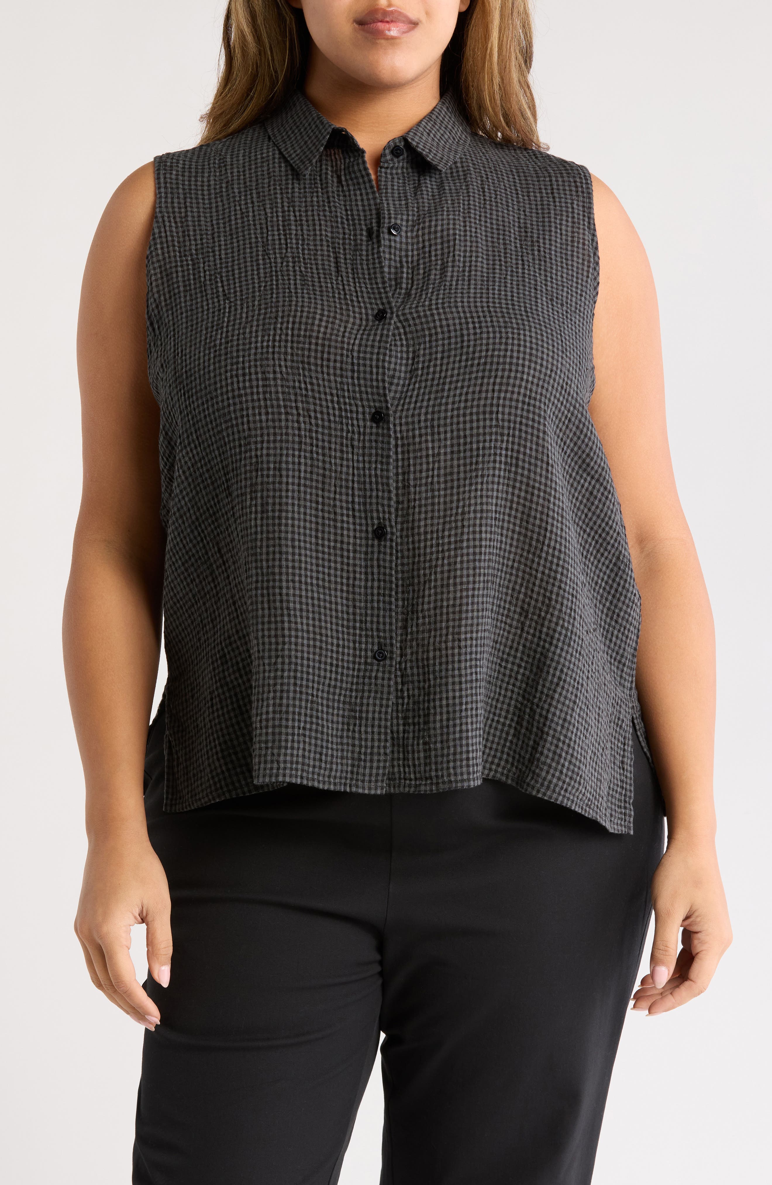 Eileen Fisher Classic Collar Sleeveless Organic Linen Button-Up Shirt