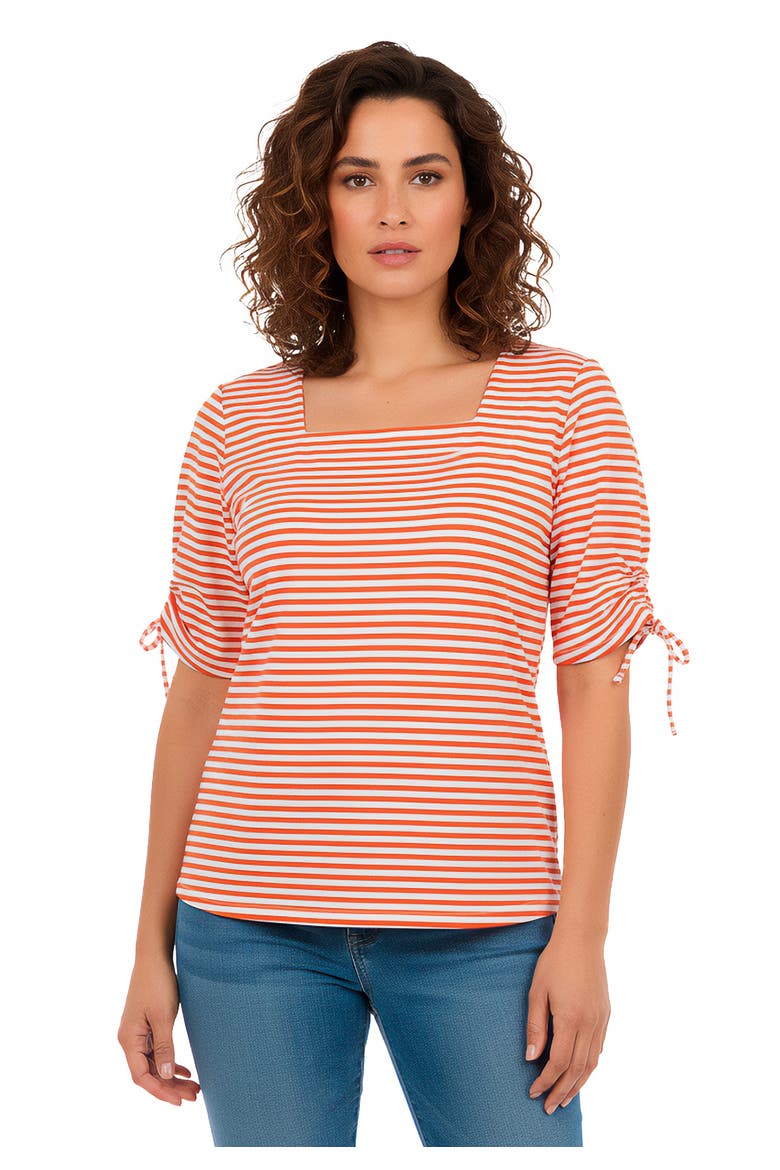Stretch Cotton Tie Sleeve Square Neck Tee, Main, color, BURNT RED FEEDER STRIPE