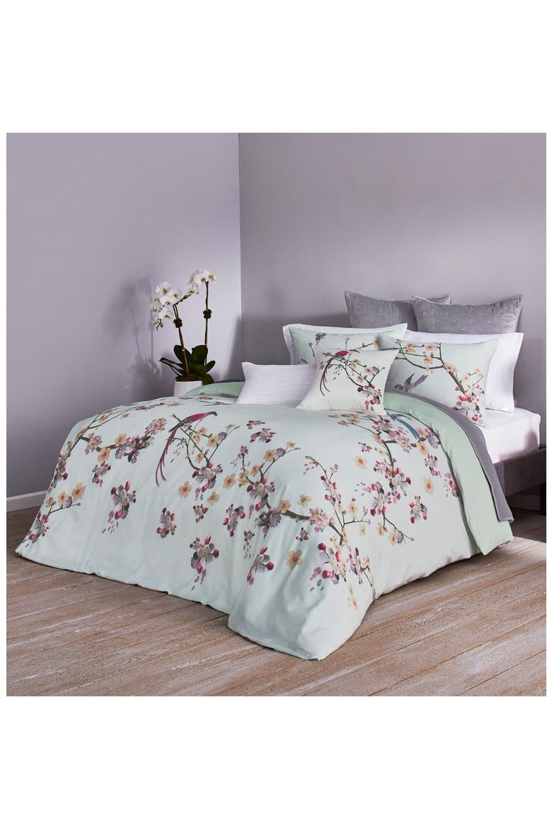 Cherry Blossom Print Duvet Cover & Sham Set, Main, color, MINT