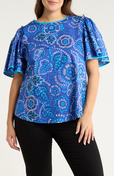 Kenner Print Flutter Sleeve Top (Plus)