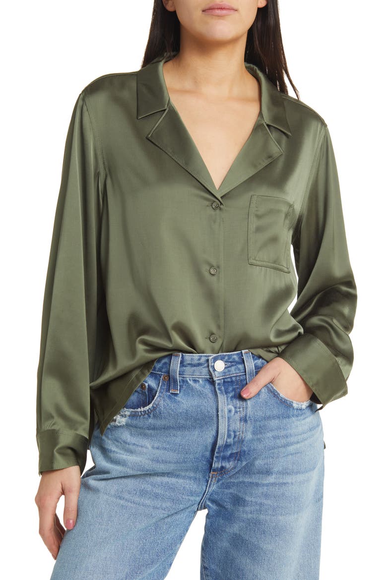 Satin Button-Up Top, Main, color, OLIVE KALAMATA