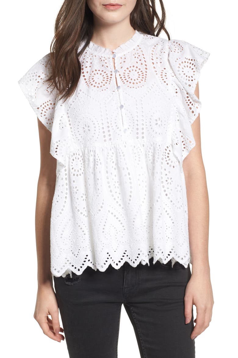 Ruffle Cotton Eyelet Top, Main, color, WHITE