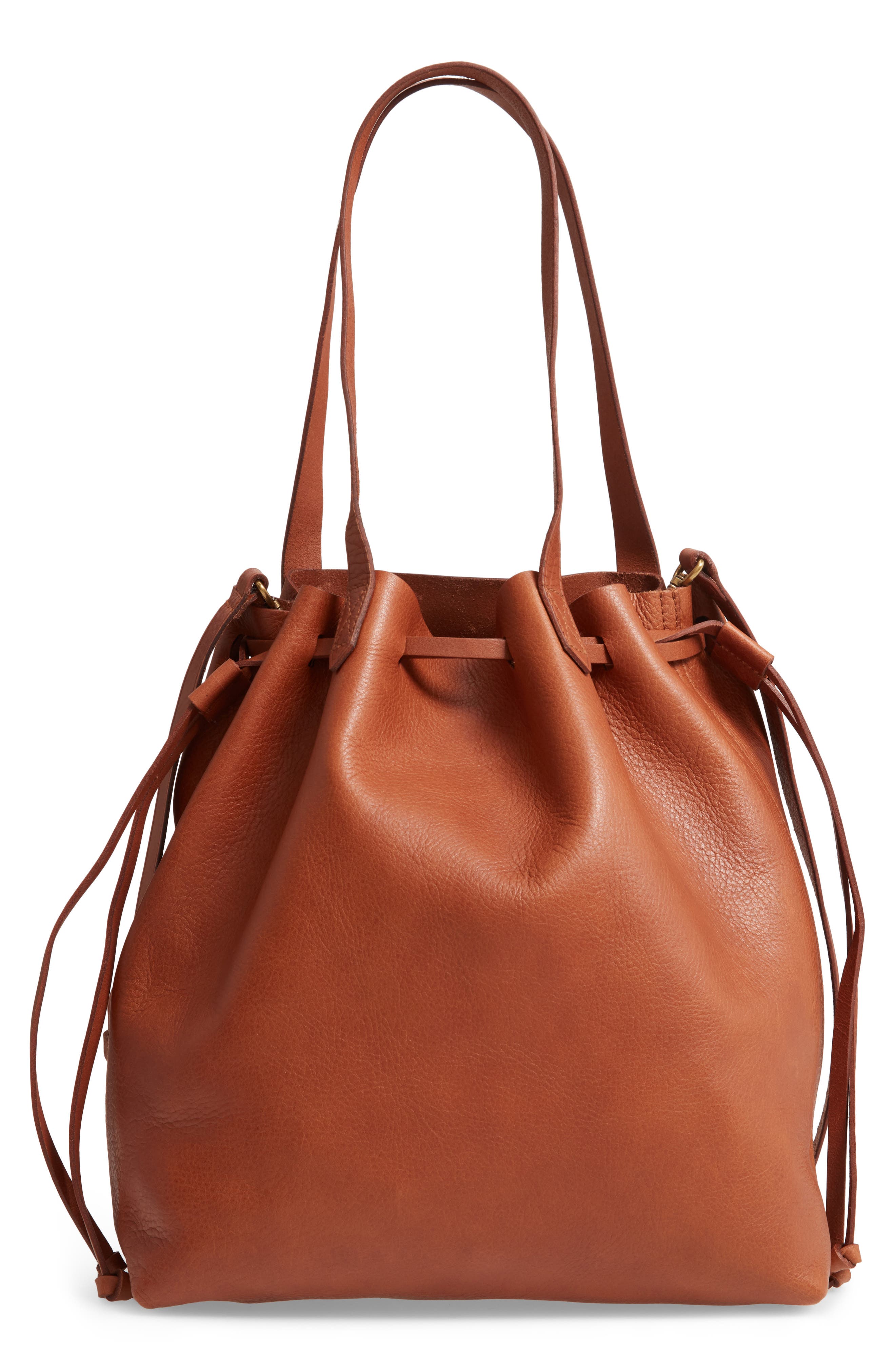 Medium Drawstring Transport Leather Tote, Main, color, ENGLISH SADDLE