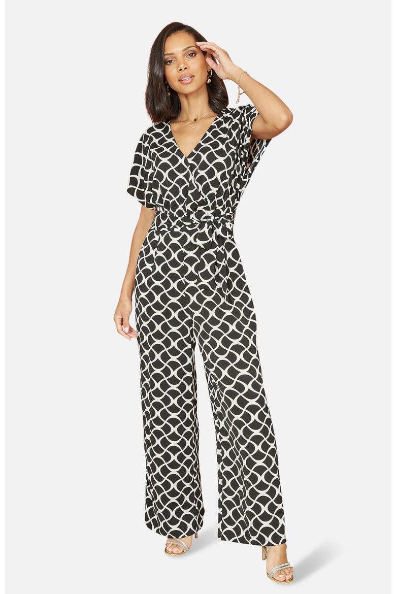 Geometric Print Wrap Jumpsuit, Main, color, Black